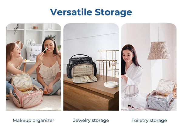 Three storage options shown: a makeup organizer, jewelry storage, and a toiletry storage container.