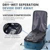 A blue travel compression backpack demonstrating dry-wet separation and vacuum compression features.