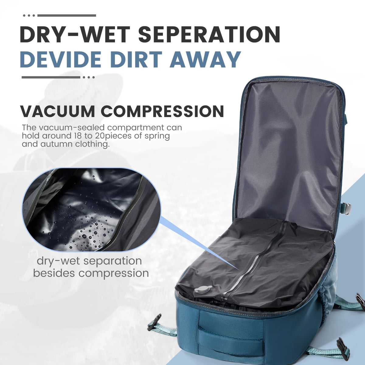 A blue travel compression backpack demonstrating dry-wet separation and vacuum compression features.