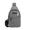 Gray men's waterproof crossbody fanny pack with a zipper pull and a red and white flag detail.