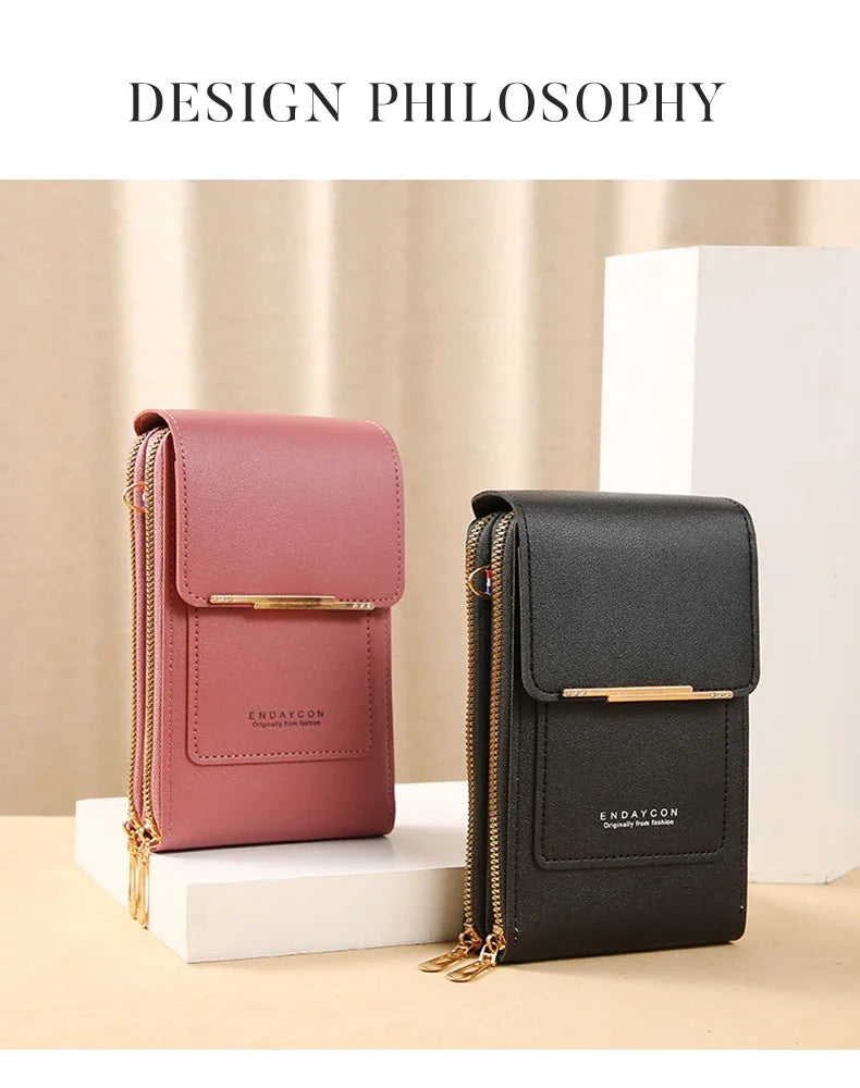 A pink and black leather handbag is displayed on a white surface with a design philosophy title in the background.