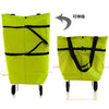 Lime green folding shopping trolley bag with black straps and wheels