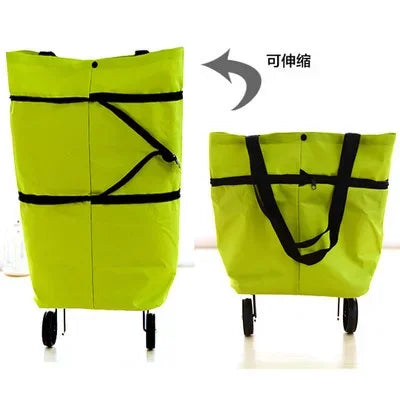 Lime green folding shopping trolley bag with black straps and wheels
