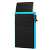 A black and blue slim metal pop-up card holder wallet with multiple slots.