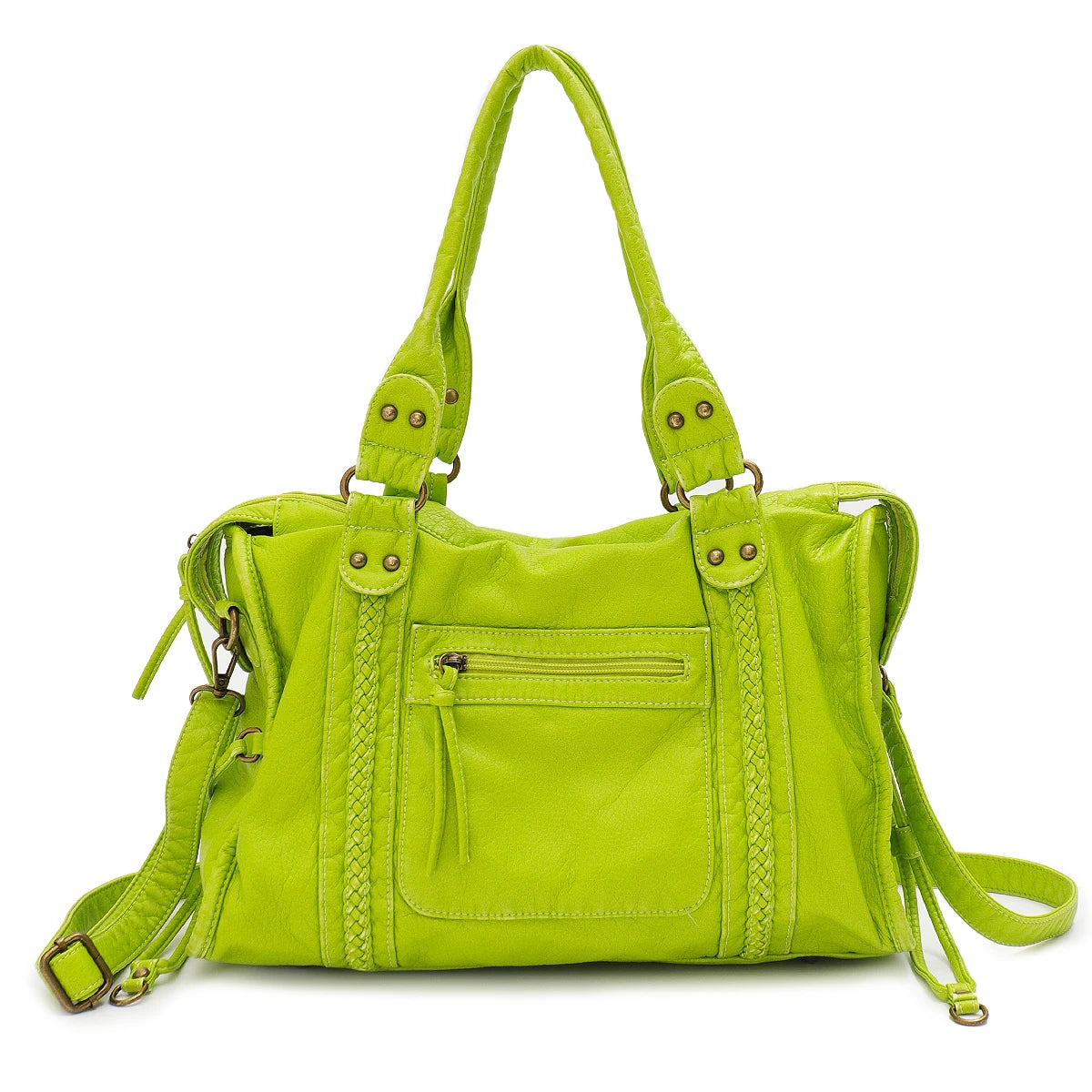 Limettengrüne Vintage-PU-Leder-Tasche mit mehreren Reißverschlusstaschen.