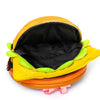 A yellow cheeseburger novelty backpack is shown open, revealing a black interior and bright green accents.