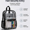 A clear transparent backpack designed for fast security entry, featuring an organized interior and multiple pockets.