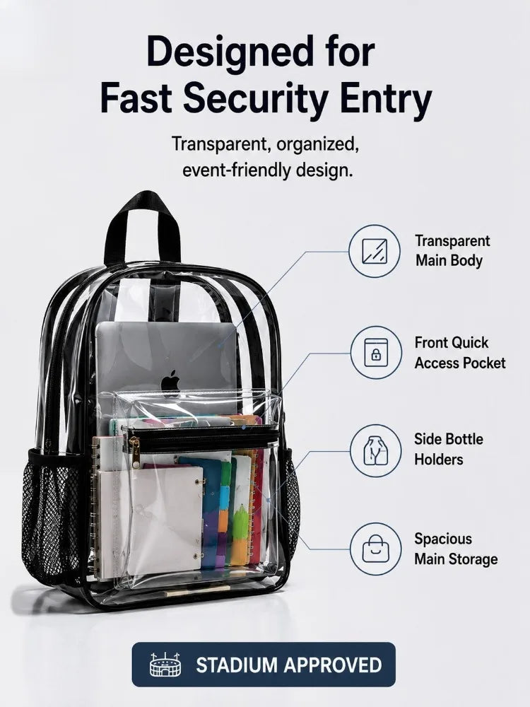 A clear transparent backpack designed for fast security entry, featuring an organized interior and multiple pockets.