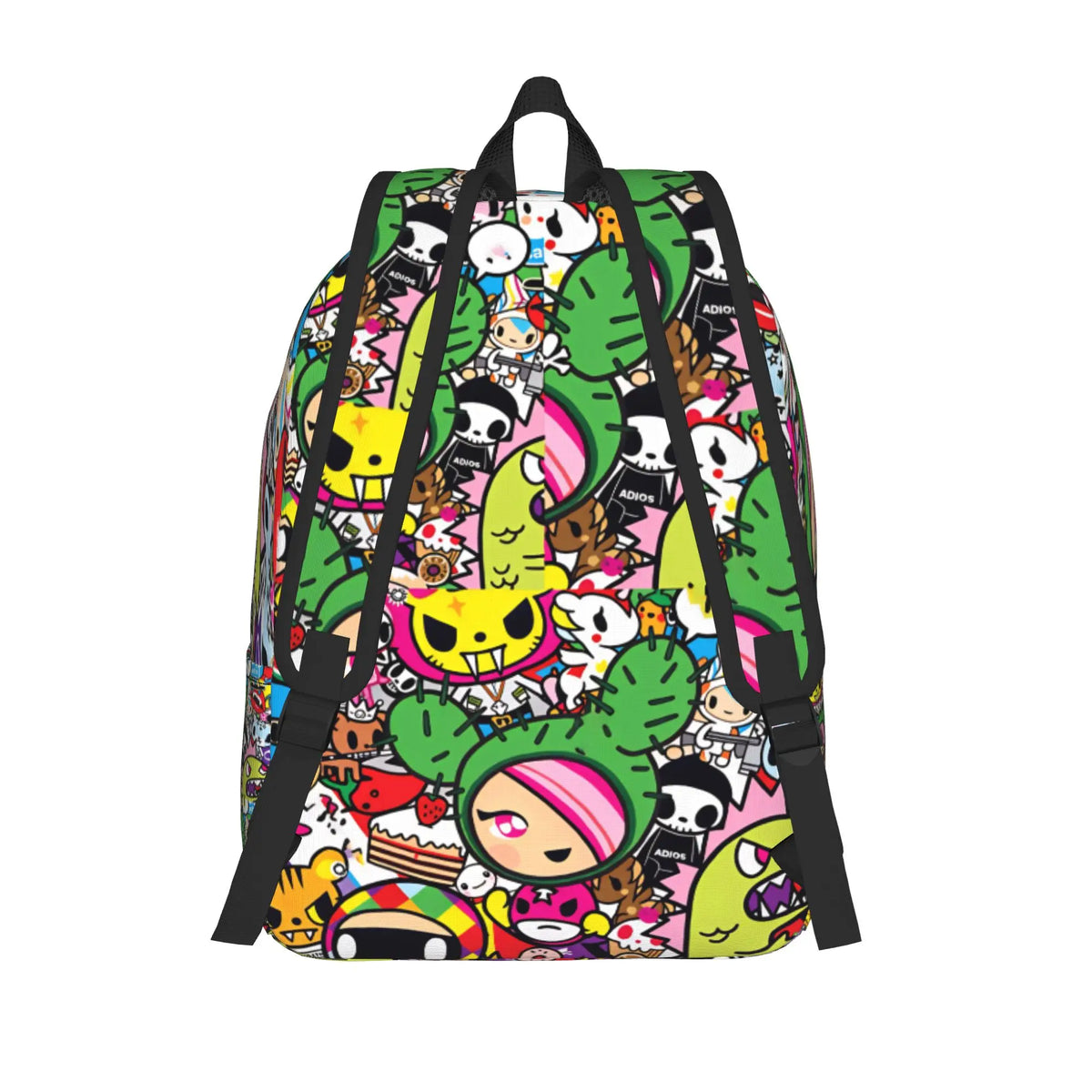 A green and pink patterned durable polyester sport backpack with black straps.