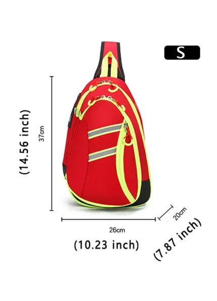 Red medical crossbody bag with yellow trim and black accents, shown from the side.