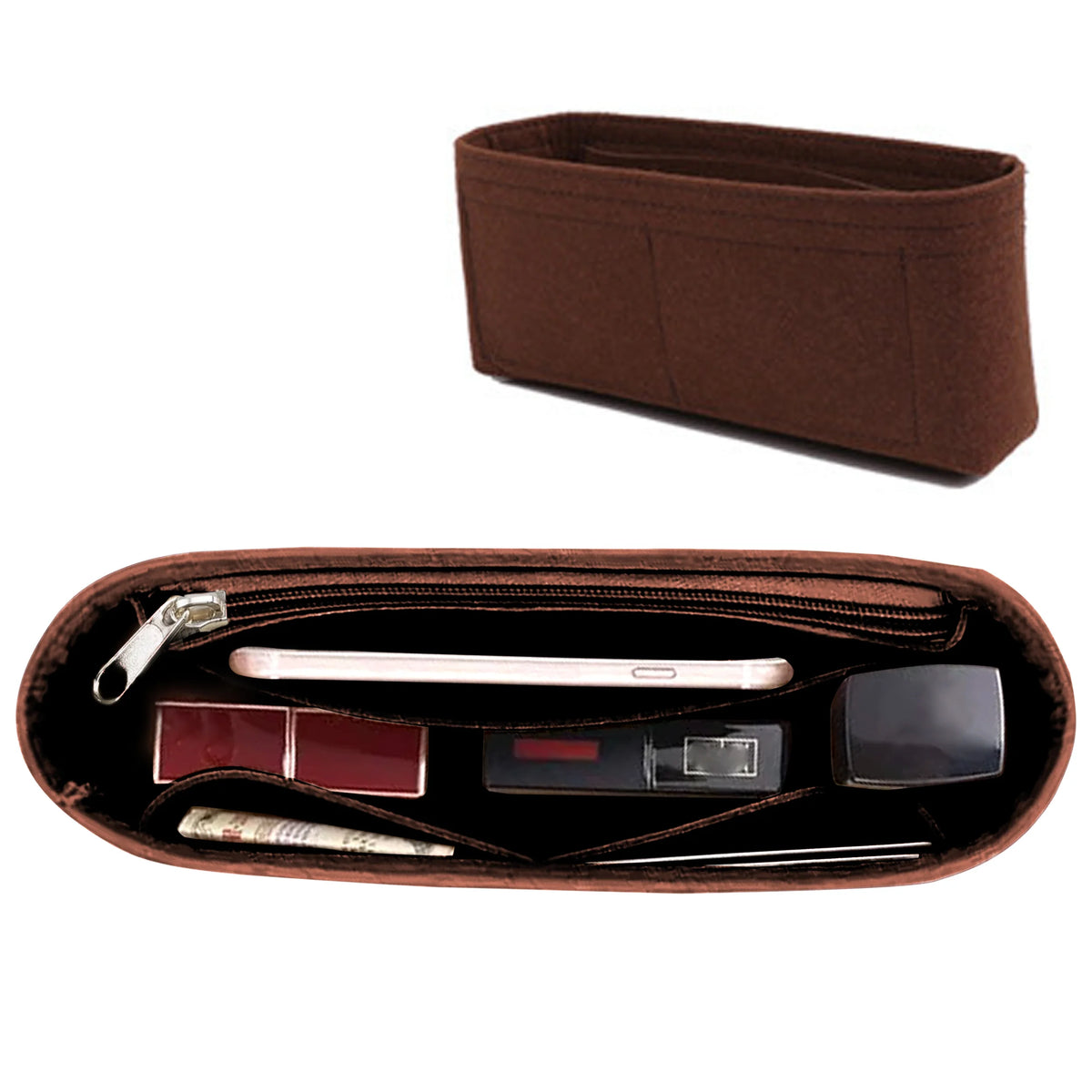 A brown felt purse organizer insert with a zippered compartment and slots for small items like cards and pens.
