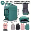 A collection of full opening and closing carry-on luggage including a teal backpack and various colored travel bags.