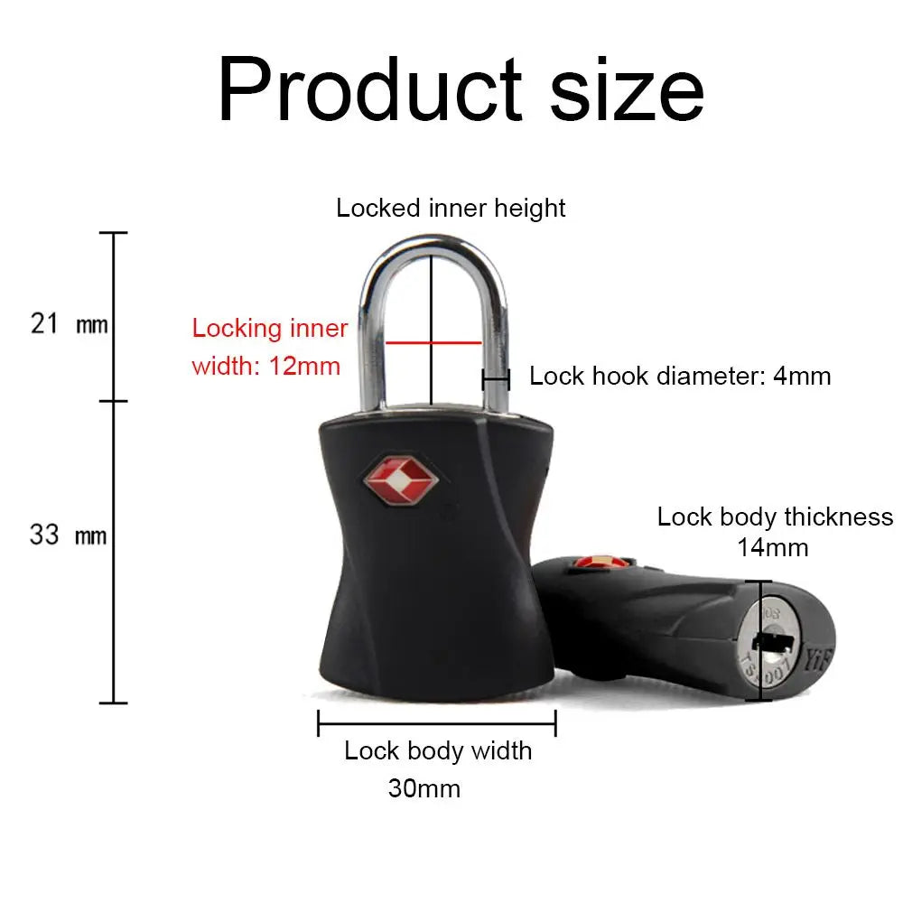 Diagram showing the dimensions of a keyed luggage lock, including inner height, hook diameter, body thickness, and width.