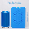 A blue reusable gel ice pack is shown next to a can, with text indicating the product size.