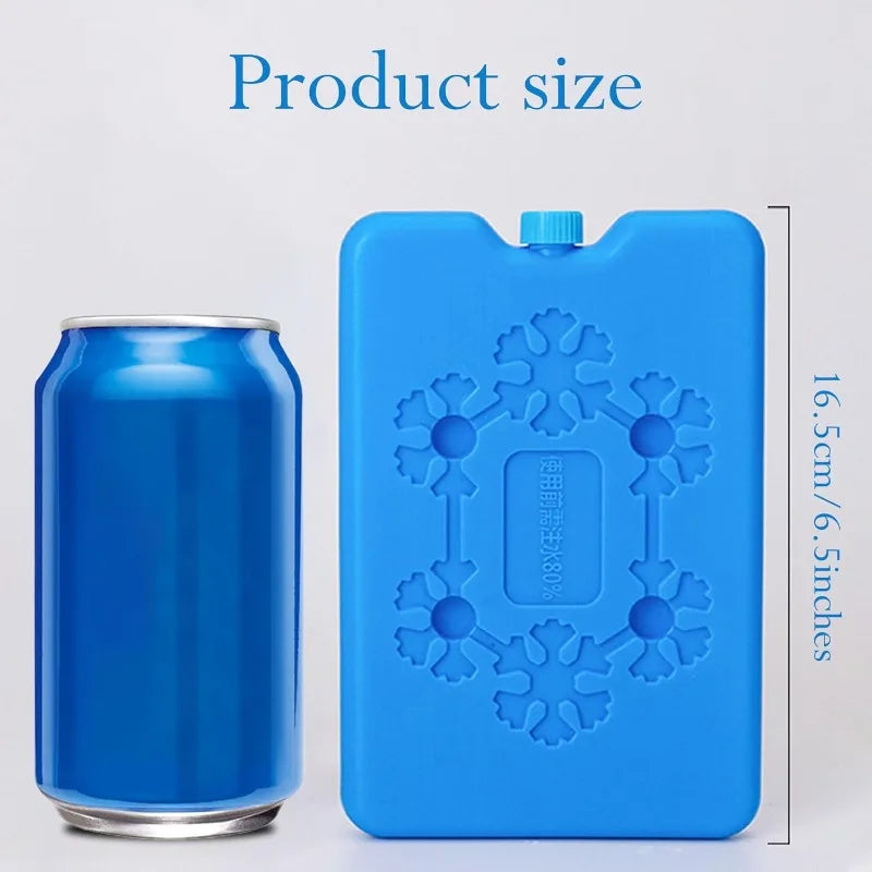 A blue reusable gel ice pack is shown next to a can, with text indicating the product size.