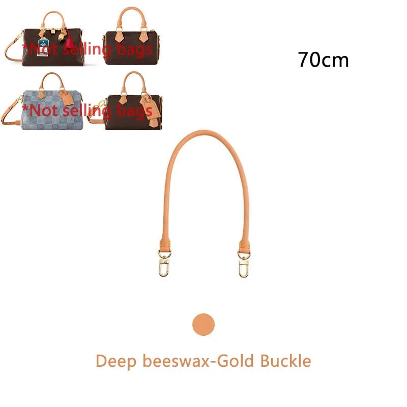 A close-up view of a tan leather replacement shoulder strap for handbags.