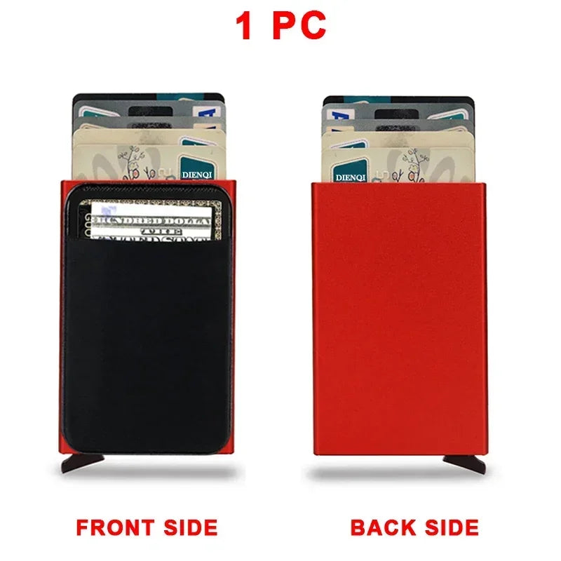 Front and back views of a red slim metal pop-up card holder wallet with multiple card slots