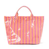 A lightweight striped tote bag in pink and orange vertical stripes.