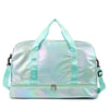 A light mint green iridescent nylon travel bag with light blue straps and a zipper.