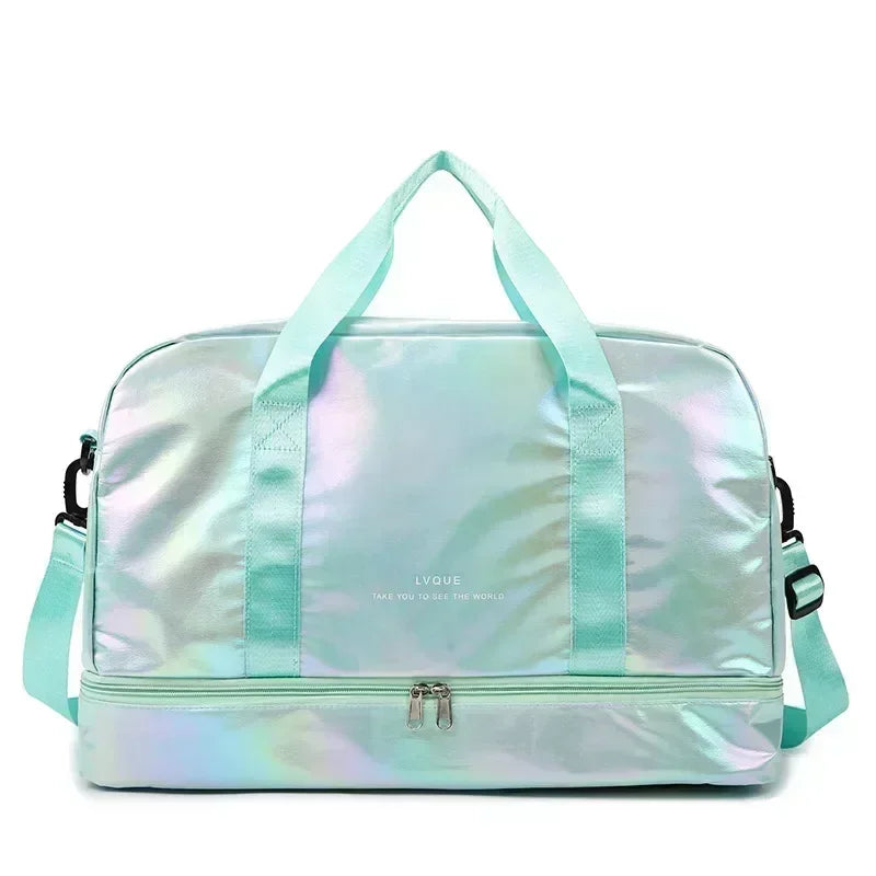 A light mint green iridescent nylon travel bag with light blue straps and a zipper.