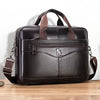 A dark brown genuine cowhide leather briefcase bag with brown leather straps and a zippered compartment.