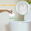 A hand places a white water soluble item into a toilet bowl, demonstrating that it will not clog the toilet and protects the 