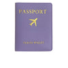 Purple PU leather passport holder with gold foil text and a gold airplane emblem.