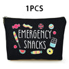Black zippered pouch with colorful emergency snacks illustrations on the front