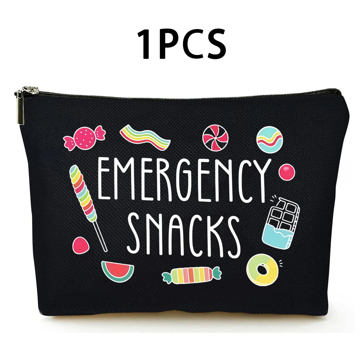 Black zippered pouch with colorful emergency snacks illustrations on the front