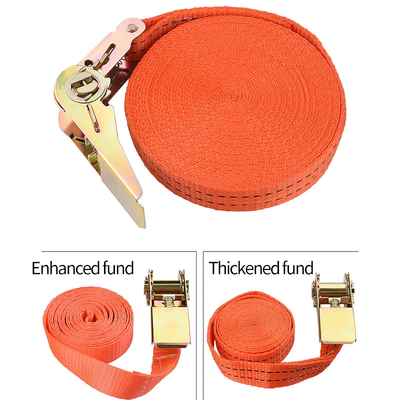 Orange heavy duty ratchet cargo straps with enhanced and thickened funds for vehicle securing
