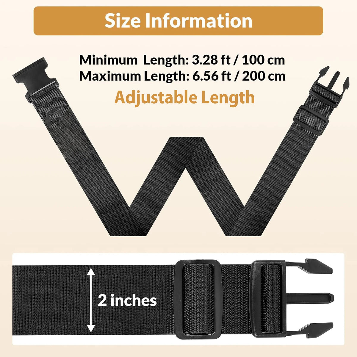 Black adjustable luggage identification strap showing length measurements and usage.