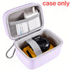 A purple hard shell camera travel case open, showing a yellow camera and accessories inside.