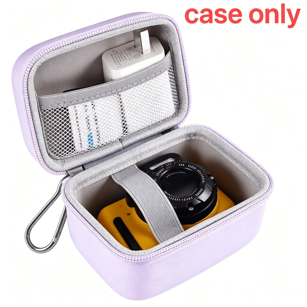 A purple hard shell camera travel case open, showing a yellow camera and accessories inside.