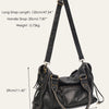 Schwarze Vintage-PU-Leder-Tasche mit langer Riemen und Reißverschlusstaschen, seitliche Ansicht.