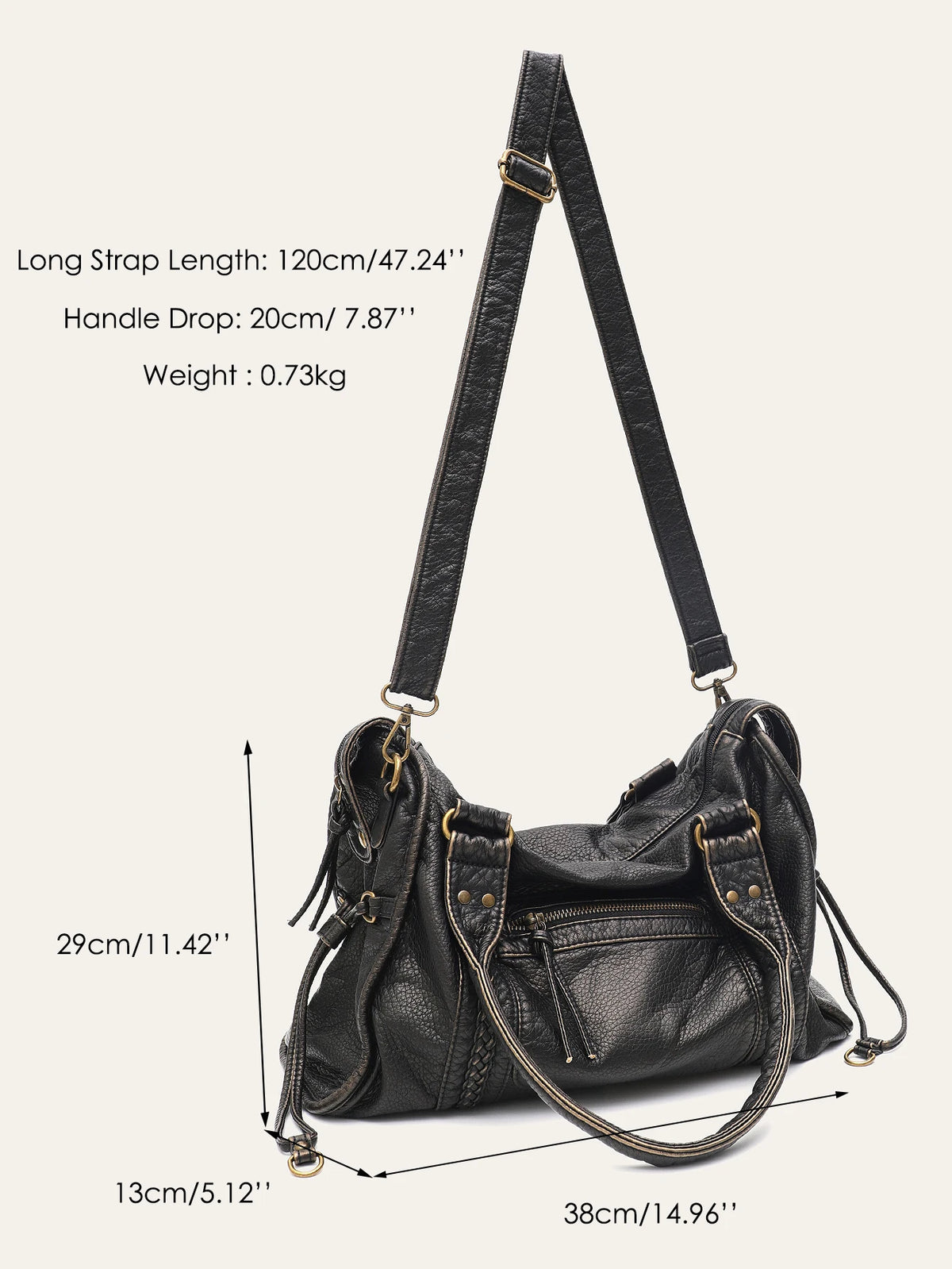 Schwarze Vintage-PU-Leder-Tasche mit langer Riemen und Reißverschlusstaschen, seitliche Ansicht.