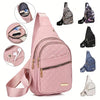 A pink quilted crossbody sling bag shown with various angles and accessories.