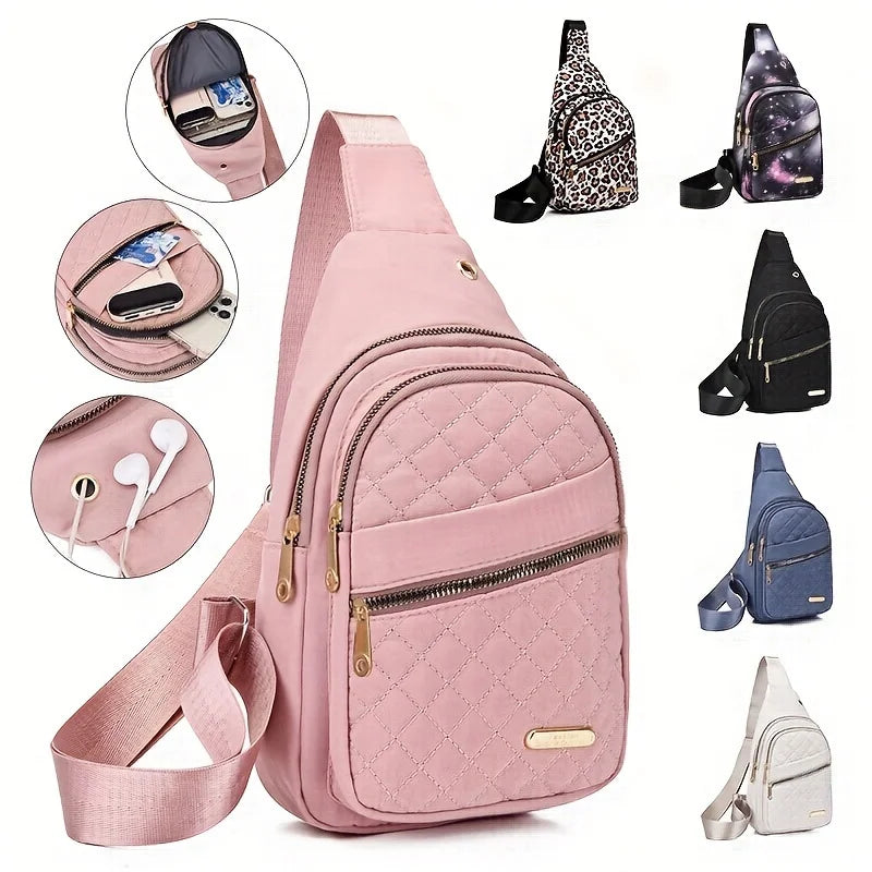 A pink quilted crossbody sling bag shown with various angles and accessories.