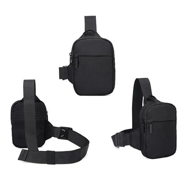 Black multi-functional sling crossbody bag with adjustable strap shown from the side.