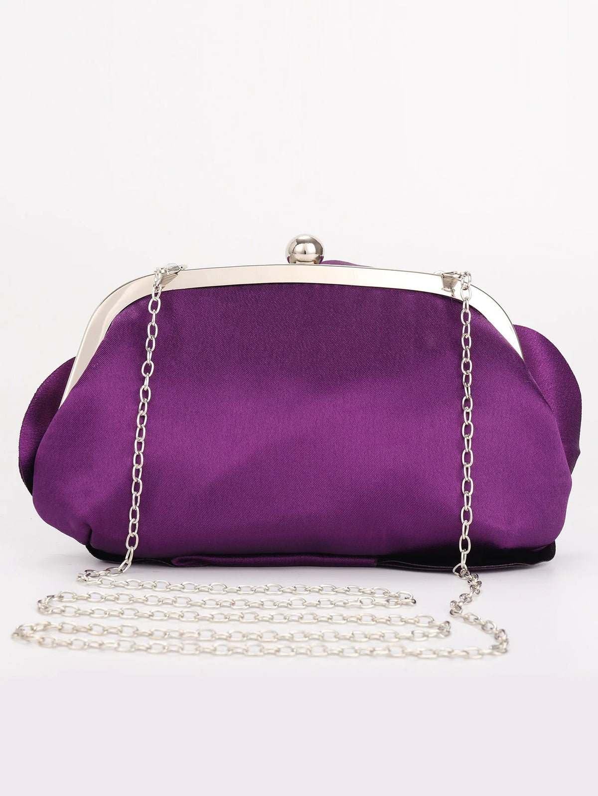 A deep purple rose floral evening clutch bag with a silver chain strap.
