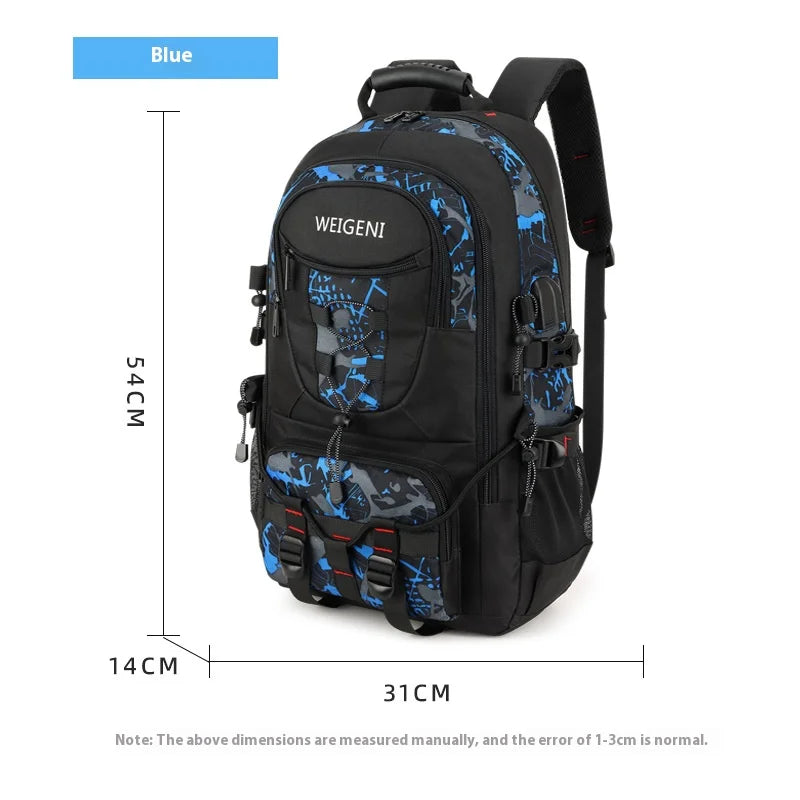 A black and blue Wegeni travel backpack shown from the back.