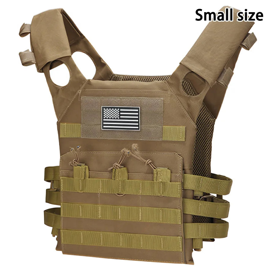 A tan multifunctional MOLLE training vest featuring a flag emblem and multiple webbing straps.
