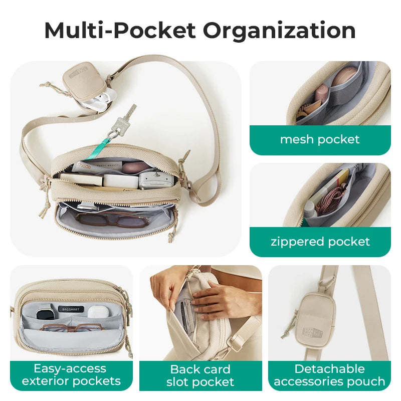 Beige Organizer-Tasche mit verschiedenen internen und externen Taschen, darunter Mesh-, Reißverschlusss- und Kartenfächer.