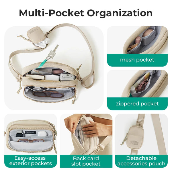 A beige multi-pocket organization bag showing various internal and external pockets including mesh, zippered, and card slots.