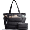 Black quilted puffer tote bag with pockets and matching pouch shown from the front