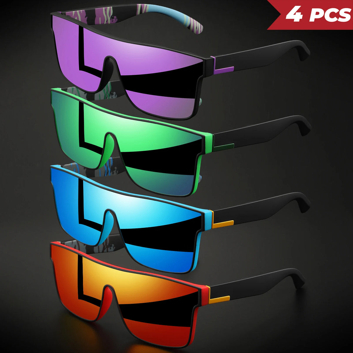A set of four square sport sunglasses in various colors including purple, green, blue, and orange.