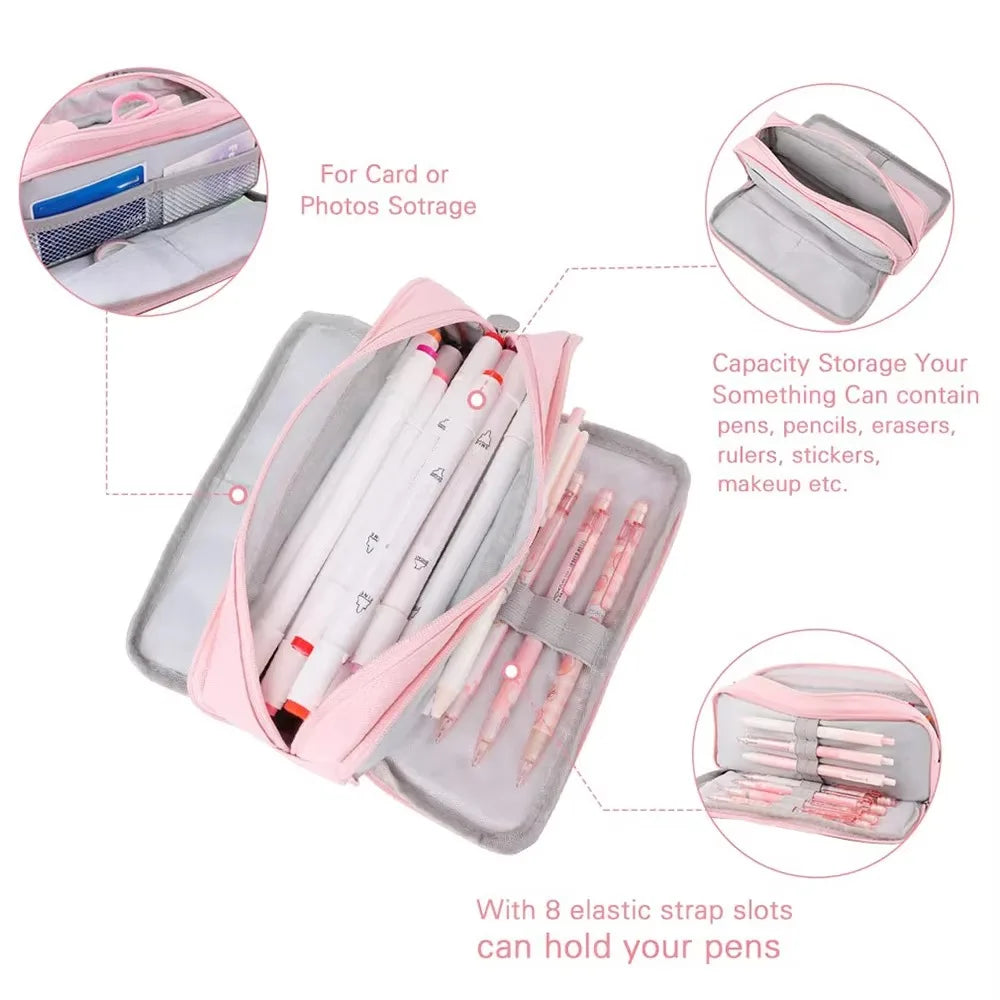 Étui à crayons rose multi-compartiments avec des fentes élastiques pour ranger stylos, crayons et autres articles