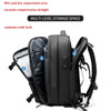Black heavy duty laptop backpack featuring multi-level storage space and vacuum compression features.