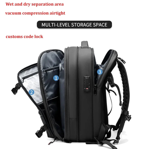 Black heavy duty laptop backpack featuring multi-level storage space and vacuum compression features.