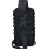 Black tactical multi-pocket sling bag with a black strap and olive green camouflage pattern