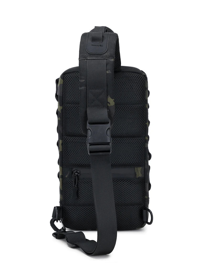 Black tactical multi-pocket sling bag with a black strap and olive green camouflage pattern